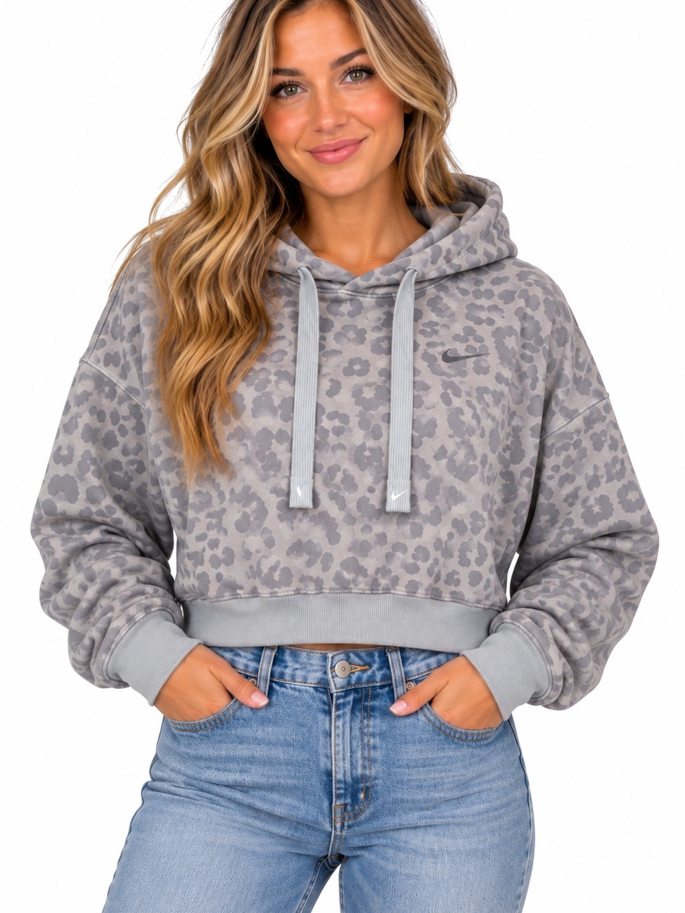 Nike Women's Gray Leopard Crop Hoodie